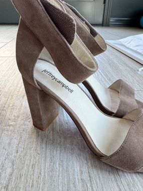 Jeffrey Campbell Taupe Suede Block Heel Sandals with Ankle Strap